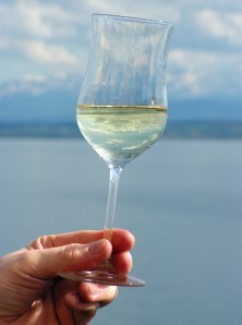 Wine glass with a reflection of the sky in it.