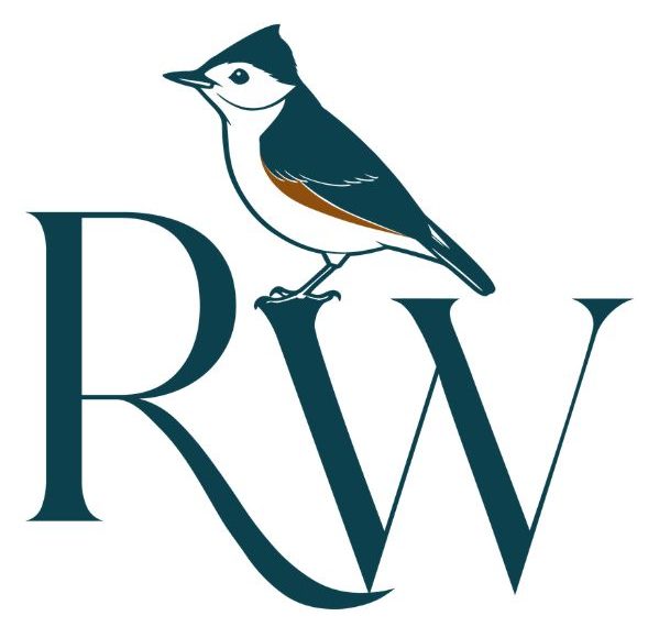 The letters RW appear on a white background. A tufted titmouse perches on the W.